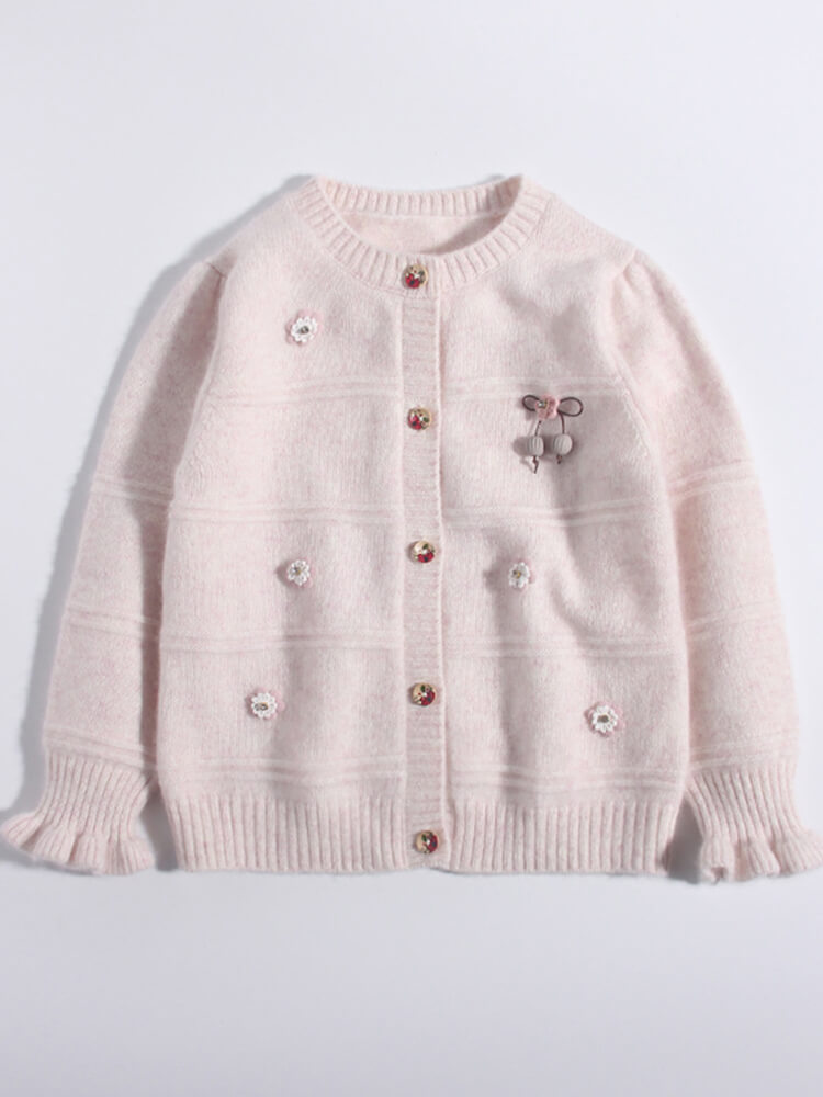 Blush Pink Flower Embroidered Girl Cashmere Button-Down Cardigan